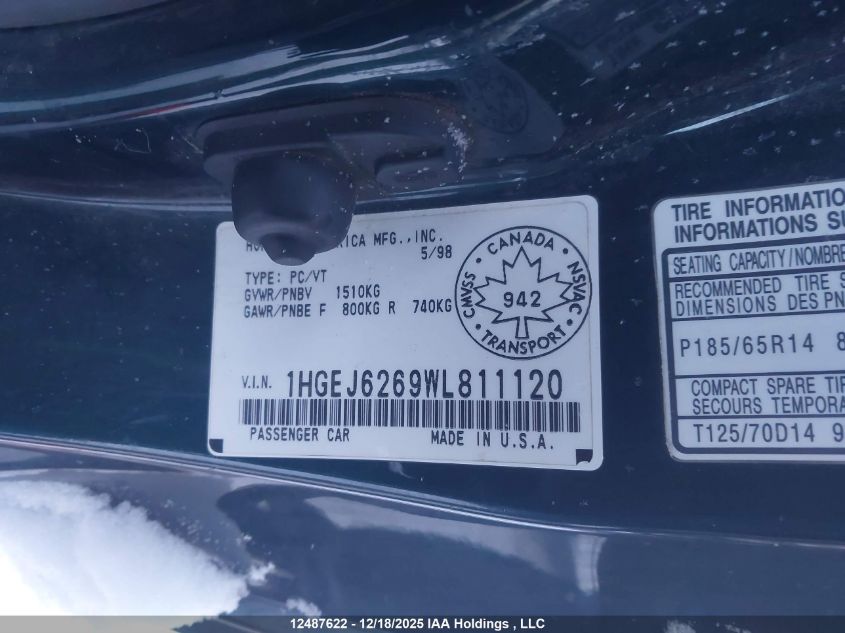 1998 Honda Civic Dx VIN: 1HGEJ6269WL811120 Lot: 12487622