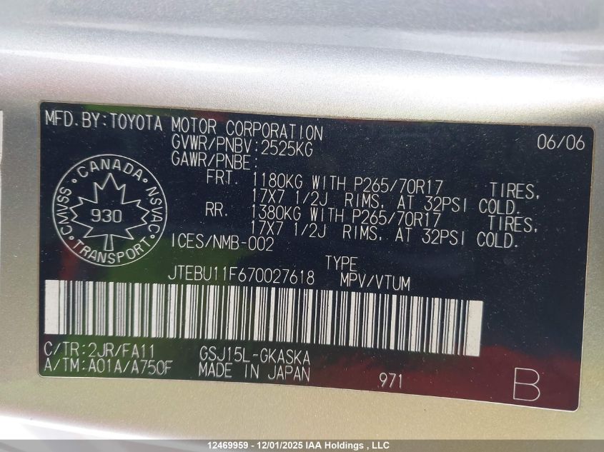 2007 Toyota Fj Cruiser VIN: JTEBU11F670027618 Lot: 12469959X