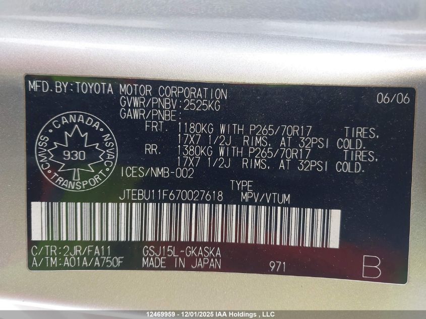 2007 Toyota Fj Cruiser VIN: JTEBU11F670027618 Lot: 12469959X