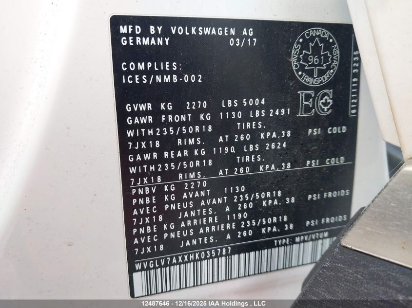 2017 Volkswagen Tiguan Highline VIN: WVGLV7AXXHK035787 Lot: 12487646