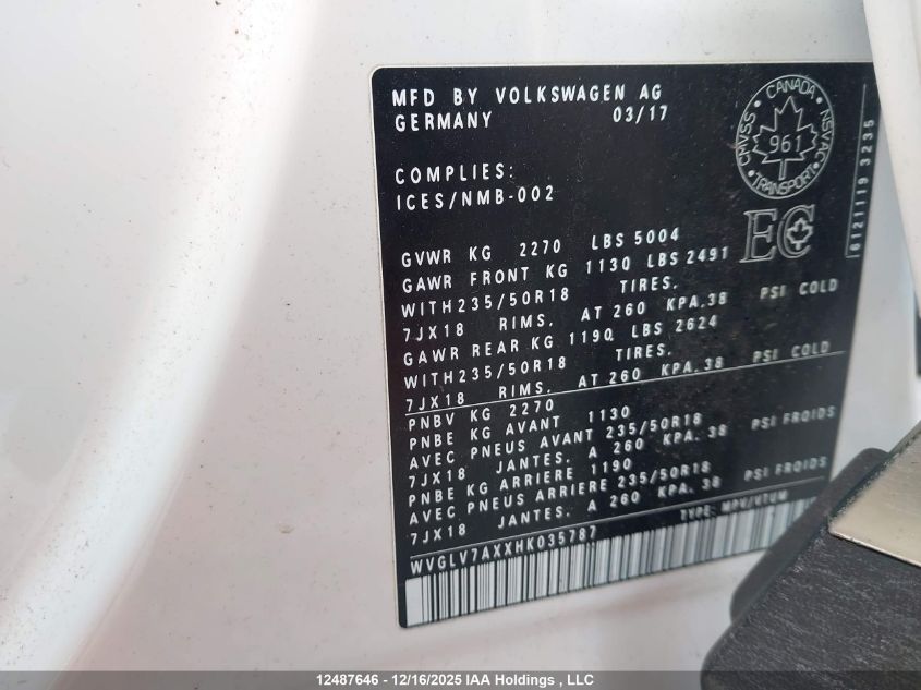 2017 Volkswagen Tiguan Highline VIN: WVGLV7AXXHK035787 Lot: 12487646