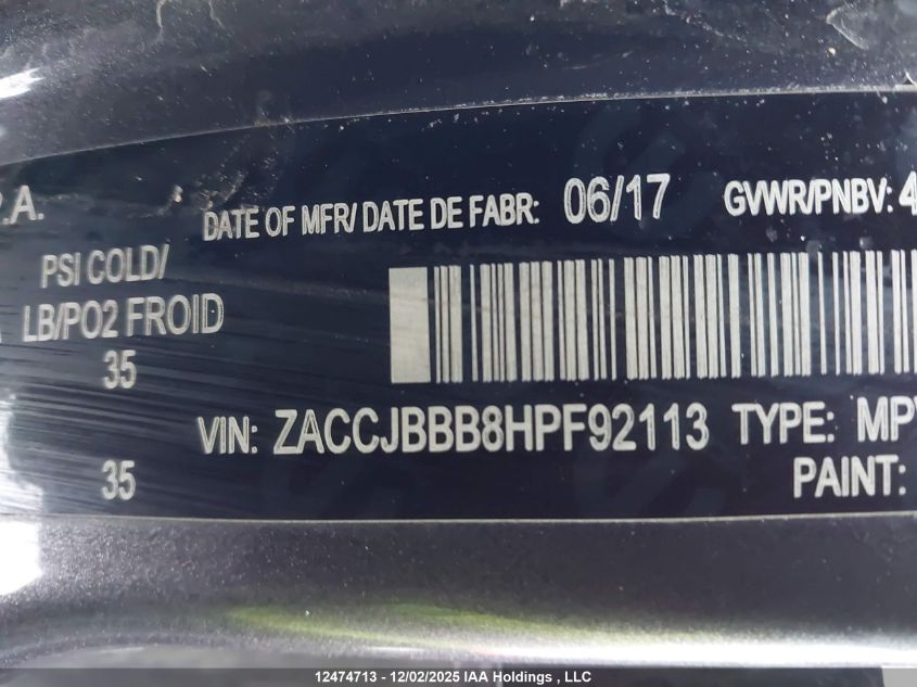 2017 Jeep Renegade North VIN: ZACCJBBB8HPF92113 Lot: 12474713X