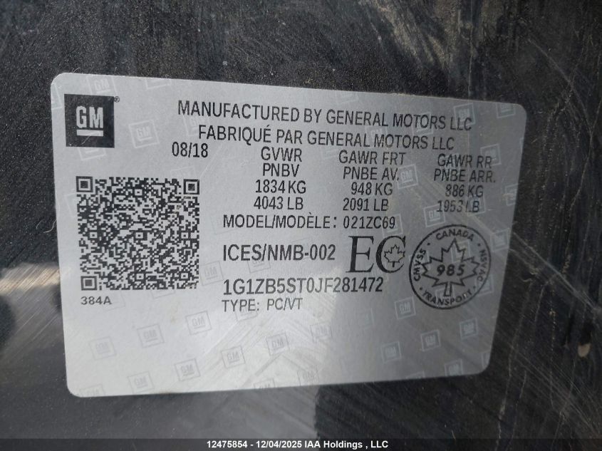 2018 Chevrolet Malibu 1Ls VIN: 1G1ZB5ST0JF281472 Lot: 12475854X