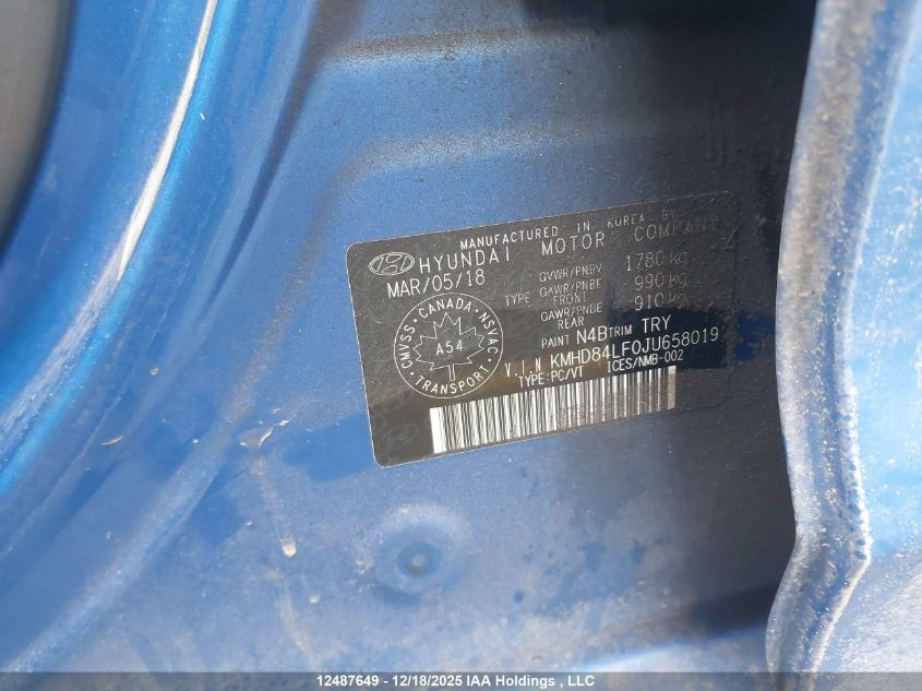 2018 Hyundai Elantra Gl VIN: KMHD84LF0JU658019 Lot: 12487649