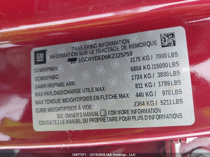 2019 Chevrolet Silverado 1500 Lt VIN: 1GCRYDED5KZ325759 Lot: 12477371X