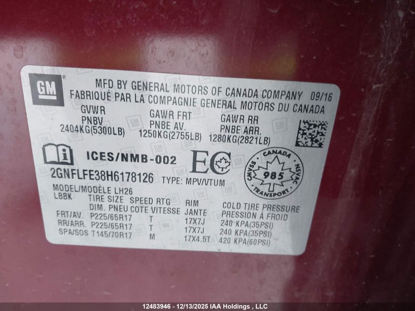 2017 Chevrolet Equinox 1Lt VIN: 2GNFLFE38H6178126 Lot: 12483946X