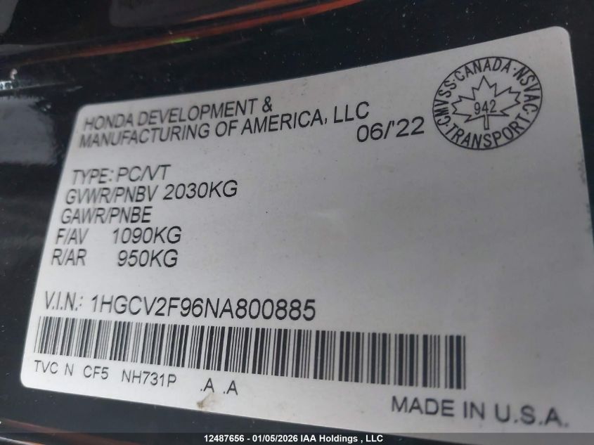 2022 Honda Accord VIN: 1HGCV2F96NA800885 Lot: 12487656