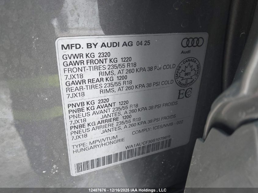 2025 Audi Q3 Premium 40 VIN: WA1AUCF30S1079611 Lot: 12487676