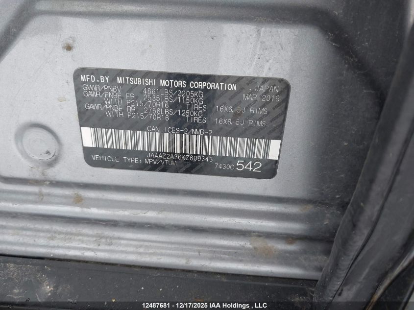 2019 Mitsubishi Outlander Es VIN: JA4AZ2A36KZ609343 Lot: 12487681