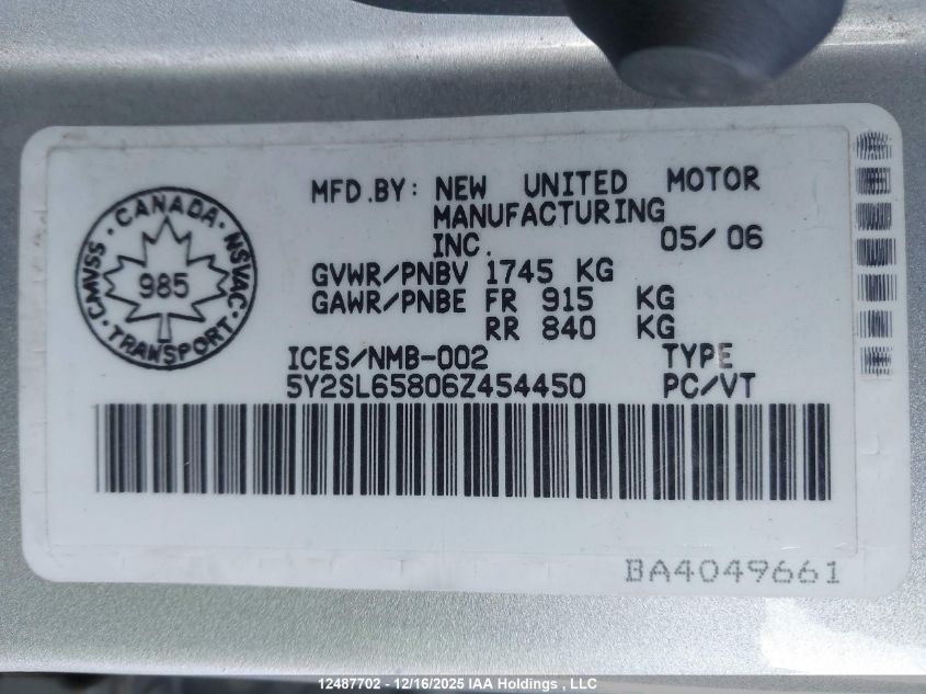 2006 Pontiac Vibe VIN: 5Y2SL65806Z454450 Lot: 12487702