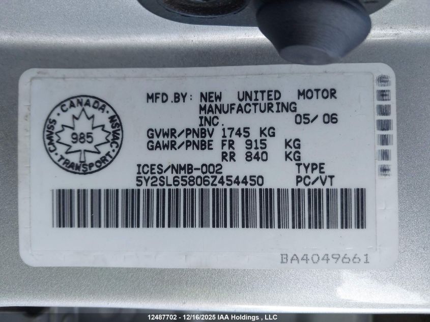 2006 Pontiac Vibe VIN: 5Y2SL65806Z454450 Lot: 12487702