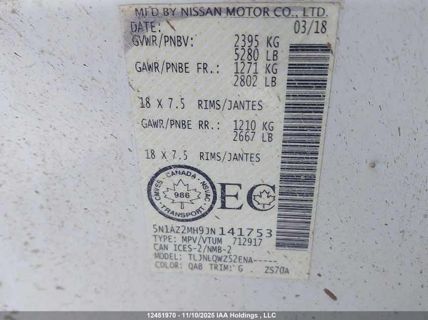 2018 Nissan Murano Midnight Edition/Platinum/Sl/Sv VIN: 5N1AZ2MH9JN141753 Lot: 12451970X