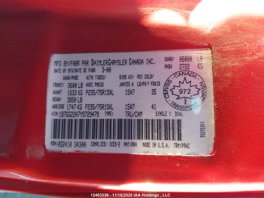 2000 Dodge Dakota Slt/Sport VIN: 1B7GG22N7YS729479 Lot: 12453339X