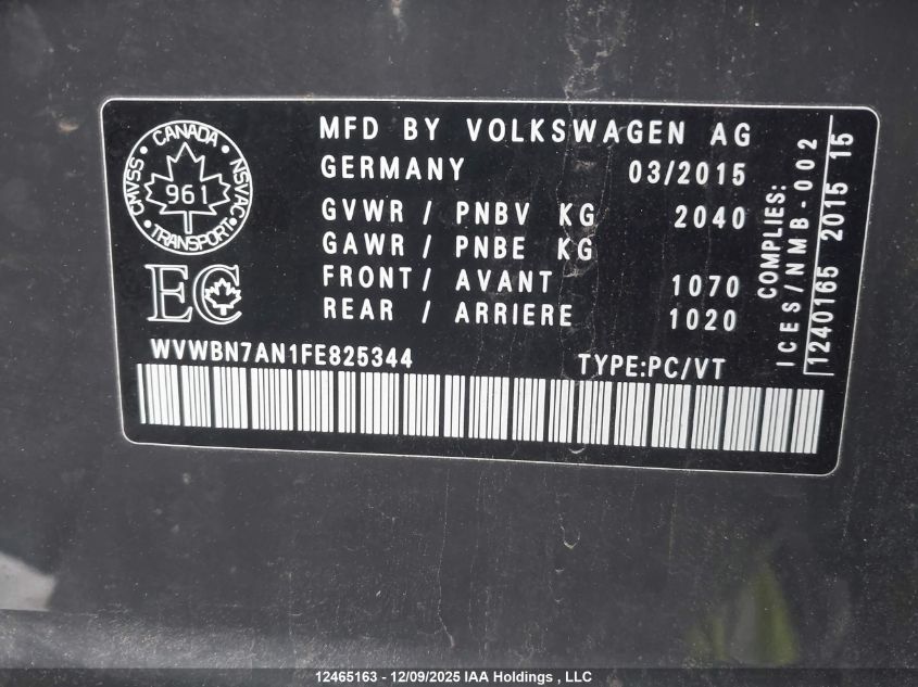 2015 Volkswagen Cc Sportline VIN: WVWBN7AN1FE825344 Lot: 12465163X