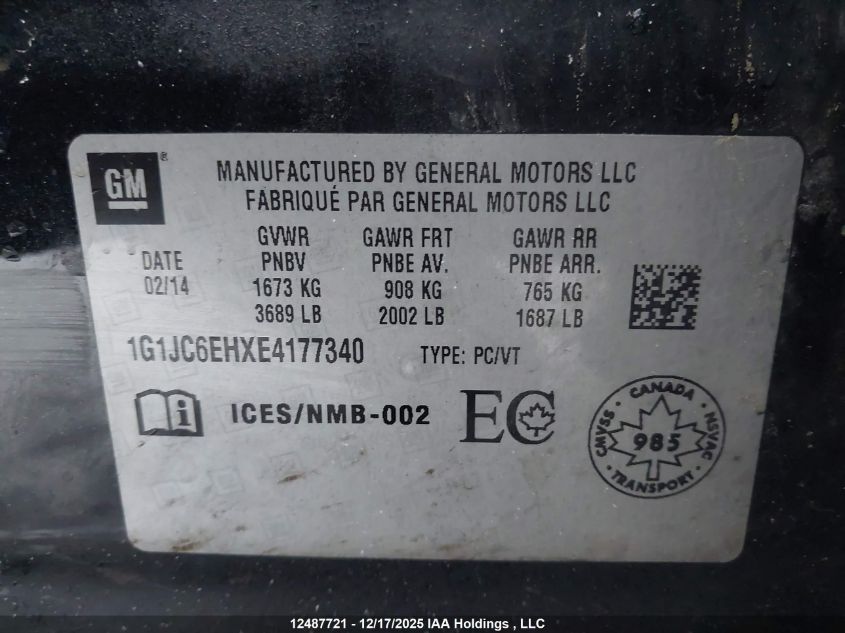 2014 Chevrolet Sonic Lt VIN: 1G1JC6EHXE4177340 Lot: 12487721