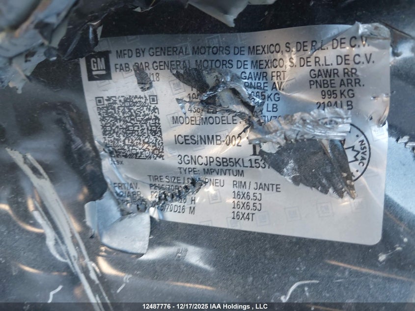 2019 Chevrolet Trax Lt VIN: 3GNCJPSB5KL153763 Lot: 12487776