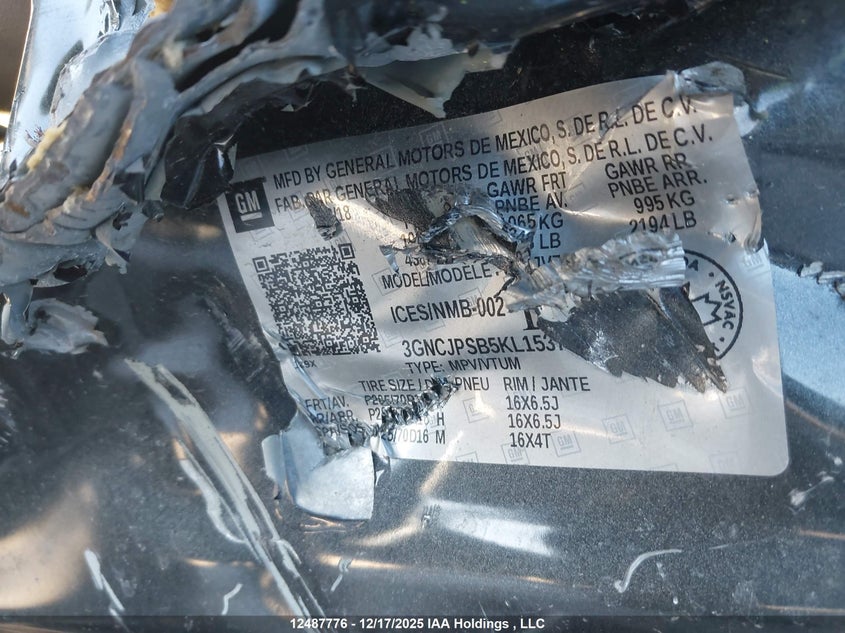 2019 Chevrolet Trax Lt VIN: 3GNCJPSB5KL153763 Lot: 12487776