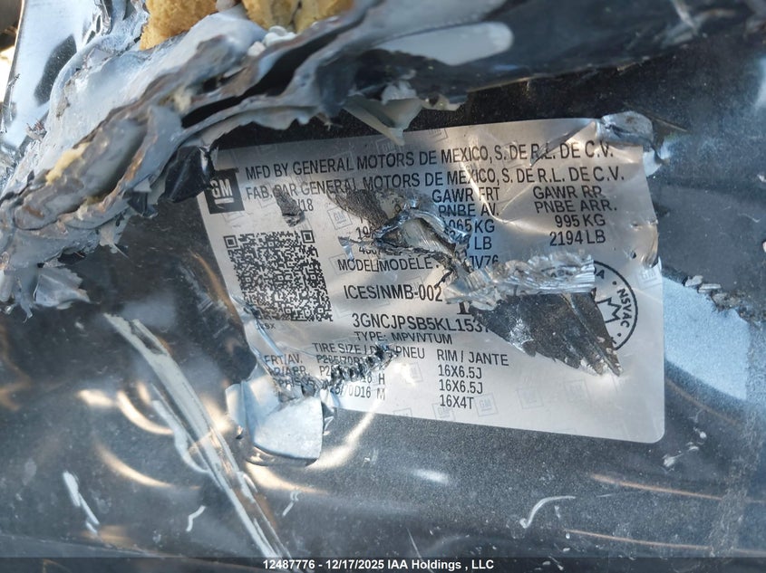 2019 Chevrolet Trax Lt VIN: 3GNCJPSB5KL153763 Lot: 12487776