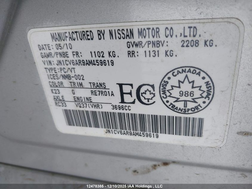 2010 Infiniti G37X VIN: JN1CV6AR9AM459619 Lot: 12478385X