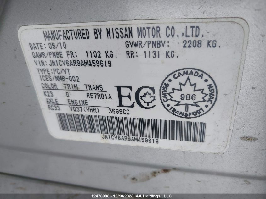 2010 Infiniti G37X VIN: JN1CV6AR9AM459619 Lot: 12478385X