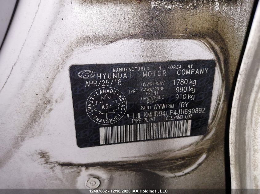 2018 Hyundai Elantra Gl VIN: KMHD84LF4JU690892 Lot: 12487882