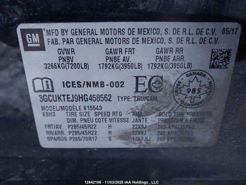 2017 Chevrolet Silverado 1500 High Country VIN: 3GCUKTEJ9HG458562 Lot: 12442186X