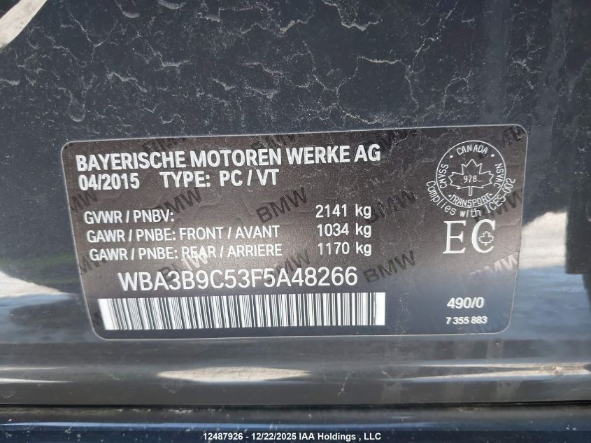 2015 BMW 335 Xi VIN: WBA3B9C53F5A48266 Lot: 12487926