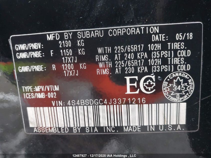 2018 Subaru Outback 2.5I Touring VIN: 4S4BSDGC4J3371216 Lot: 12487927