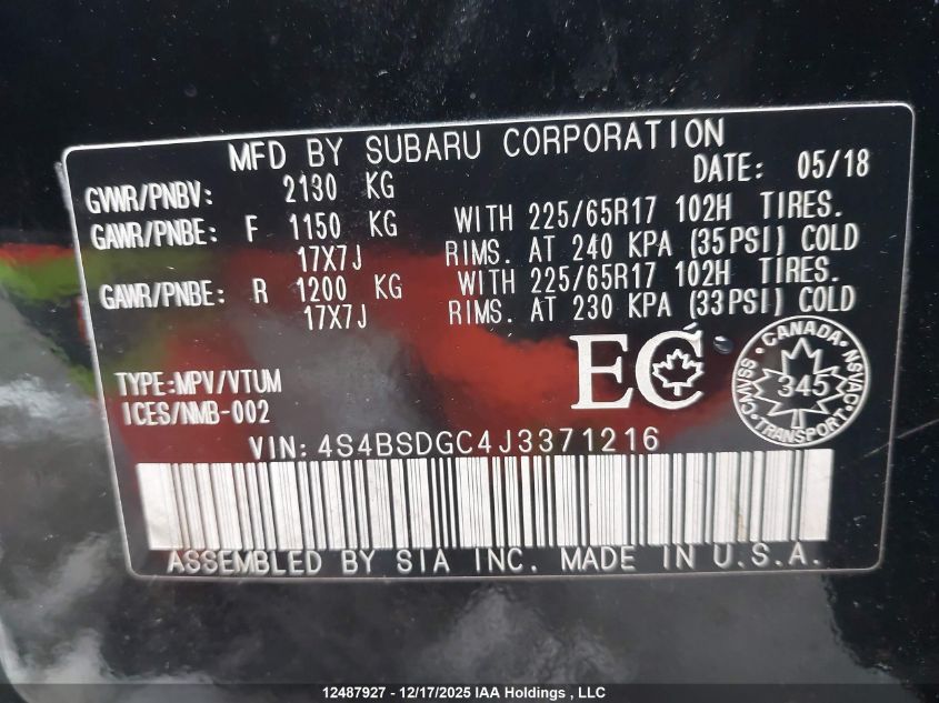 2018 Subaru Outback 2.5I Touring VIN: 4S4BSDGC4J3371216 Lot: 12487927