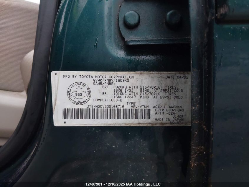 2002 Toyota Rav4 VIN: JTEHH20V220166716 Lot: 12487981