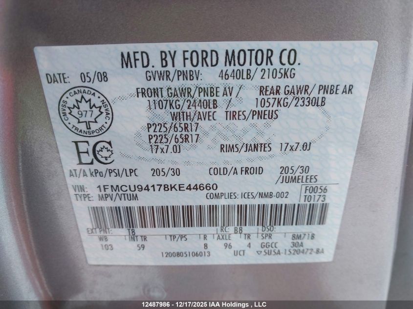 2008 Ford Escape Limited VIN: 1FMCU94178KE44660 Lot: 12487986