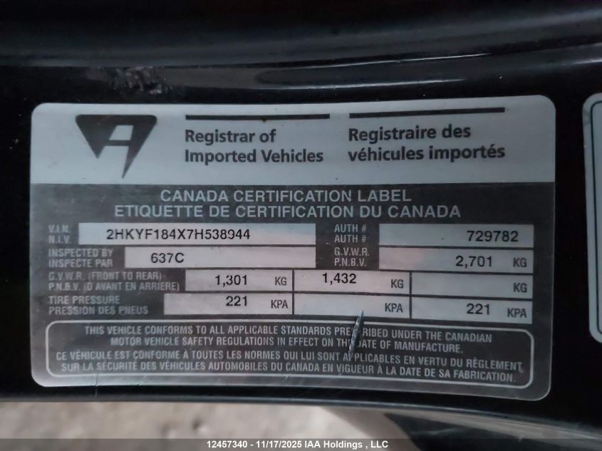 2007 Honda Pilot Ex VIN: 2HKYF184X7H538944 Lot: 12457340X