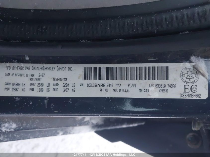 2007 Chrysler Sebring Limited VIN: 1C3LC66M67N617440 Lot: 12477744X