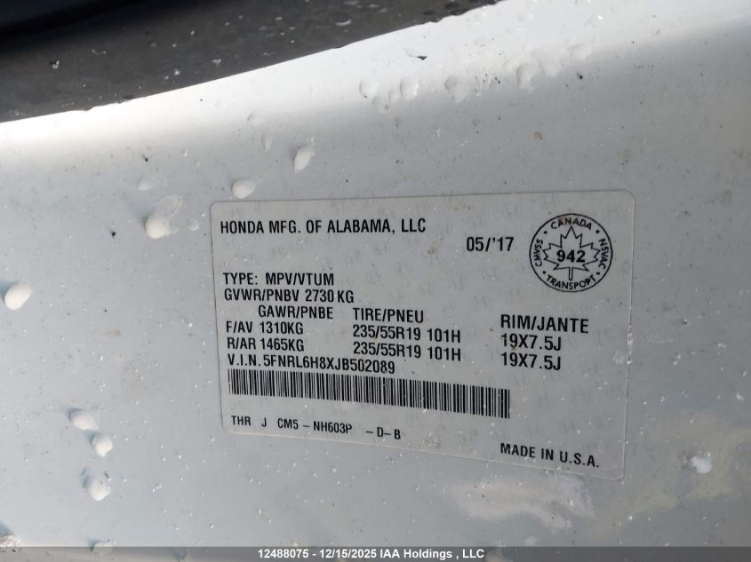 2018 Honda Odyssey Touring VIN: 5FNRL6H8XJB502089 Lot: 12488075