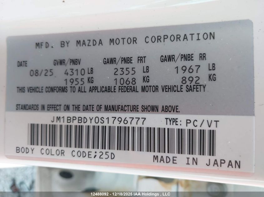 2025 Mazda Mazda3 Gt W/Turbo VIN: JM1BPBDY0S1796777 Lot: 12488092