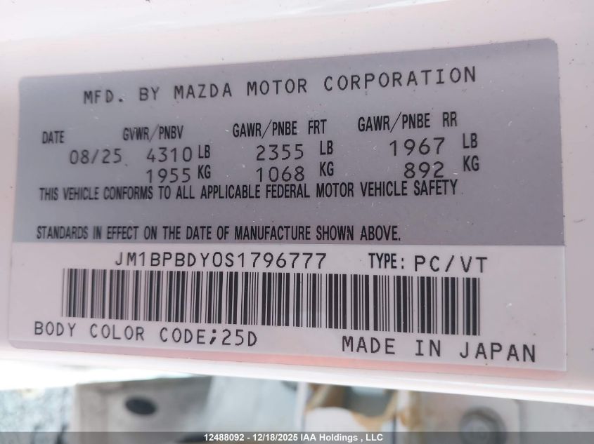 2025 Mazda Mazda3 Gt W/Turbo VIN: JM1BPBDY0S1796777 Lot: 12488092