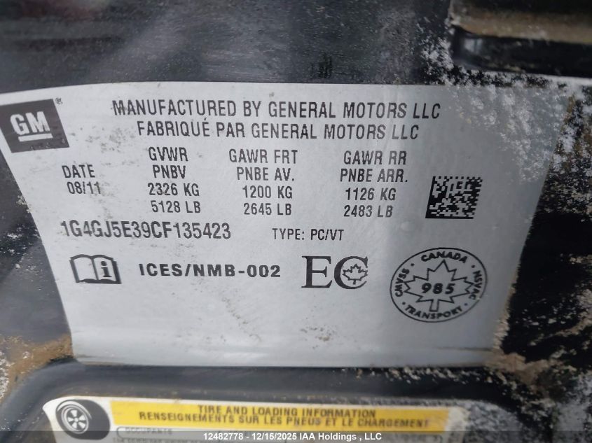 2012 Buick Lacrosse Ultra Luxury Group VIN: 1G4GJ5E39CF135423 Lot: 12482778X