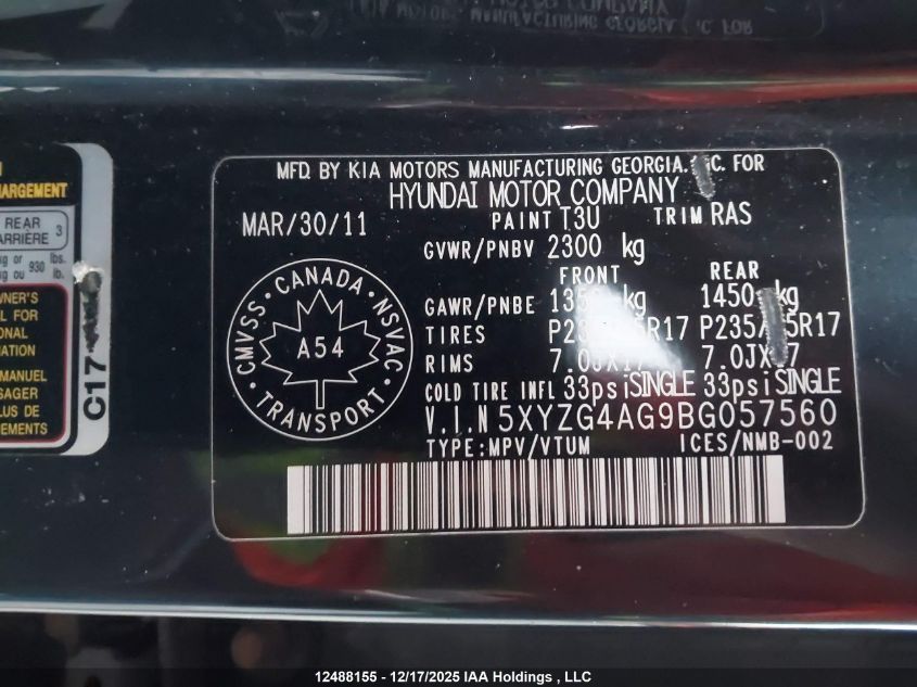 2011 Hyundai Santa Fe Gl 3.5 VIN: 5XYZG4AG9BG057560 Lot: 12488155