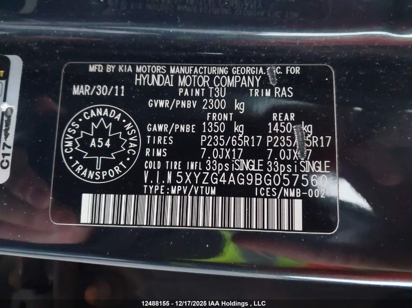 2011 Hyundai Santa Fe Gl 3.5 VIN: 5XYZG4AG9BG057560 Lot: 12488155