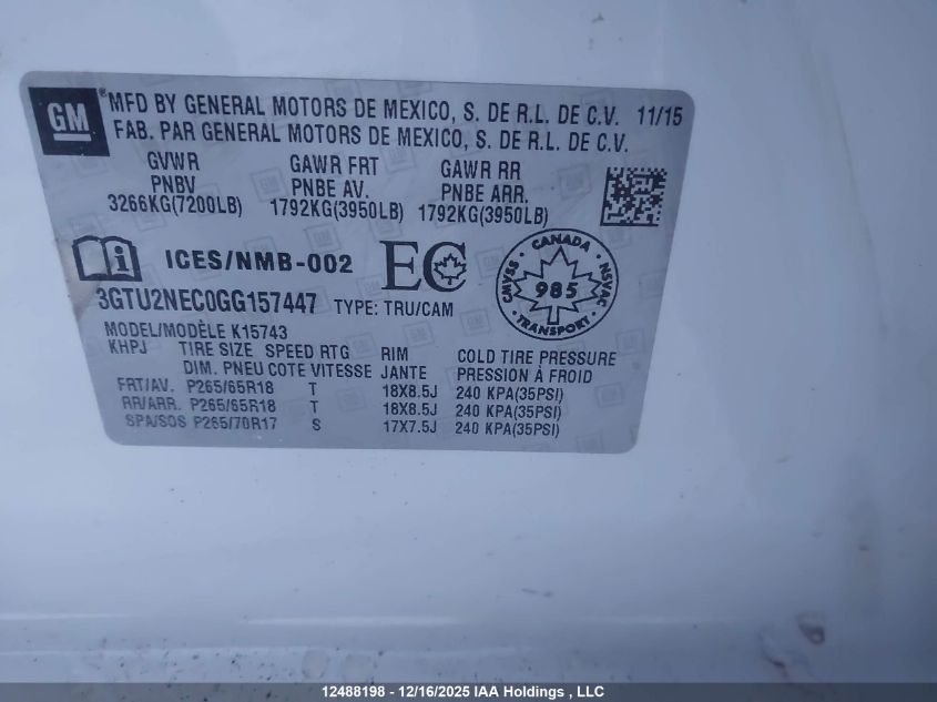 2016 GMC Sierra 1500 Slt VIN: 3GTU2NEC0GG157447 Lot: 12488198