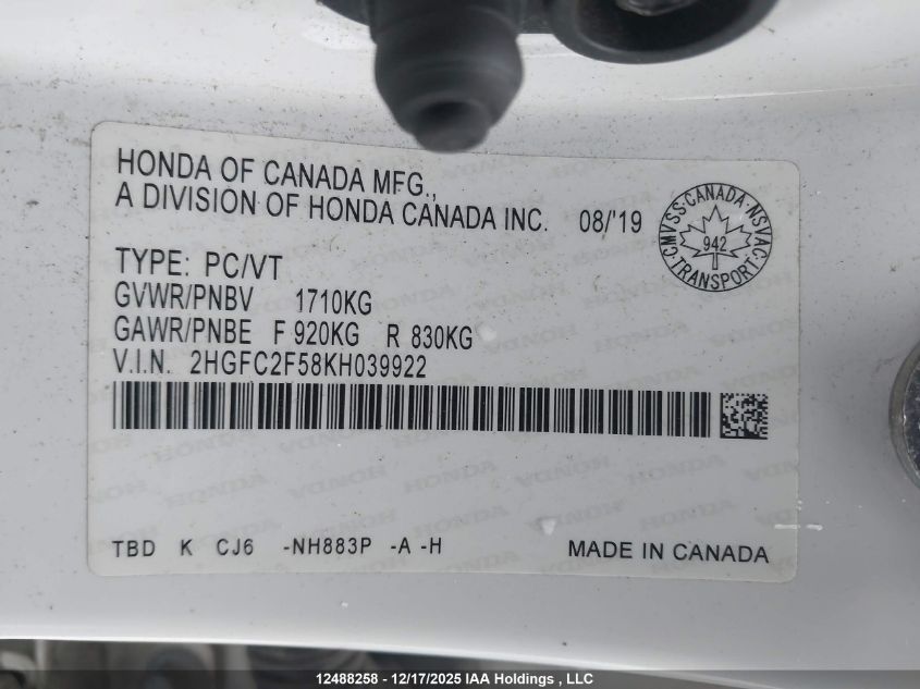 2019 Honda Civic Lx VIN: 2HGFC2F58KH039922 Lot: 12488258