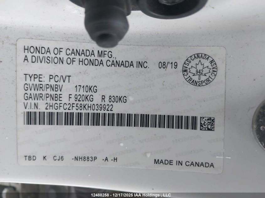 2019 Honda Civic Lx VIN: 2HGFC2F58KH039922 Lot: 12488258