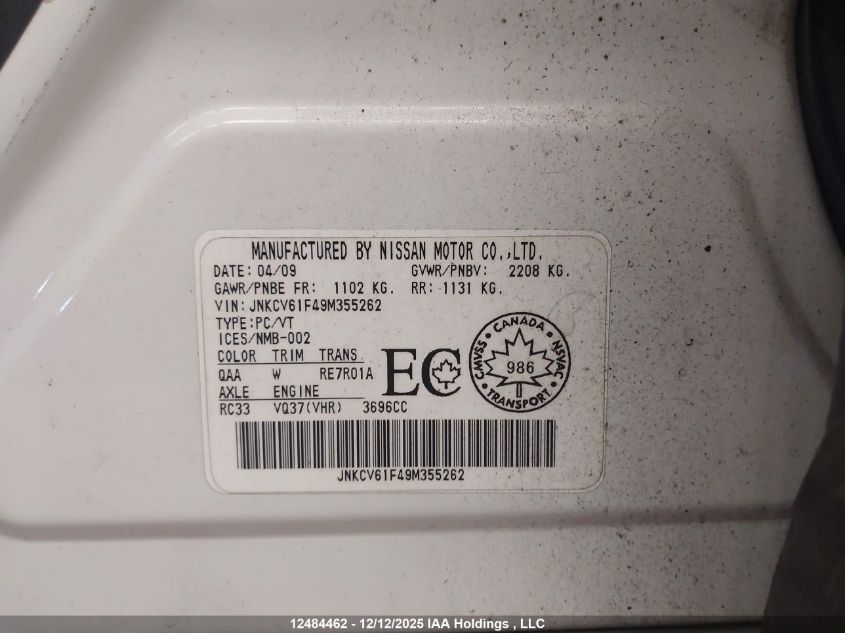 2009 Infiniti G37X VIN: JNKCV61F49M355262 Lot: 12484462X