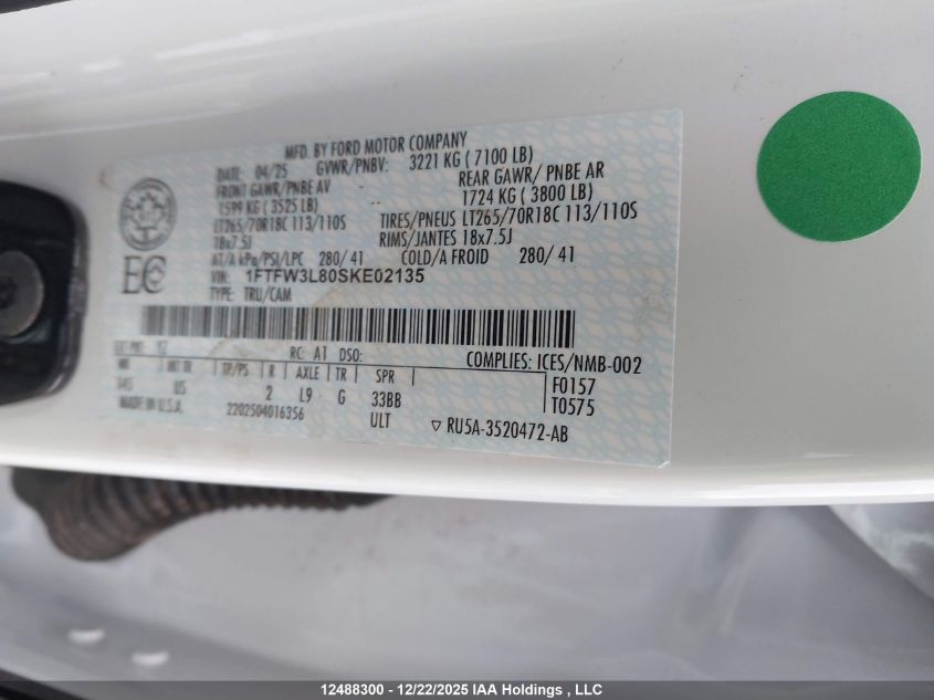 2025 Ford F-150 Xlt VIN: 1FTFW3L80SKE02135 Lot: 12488300