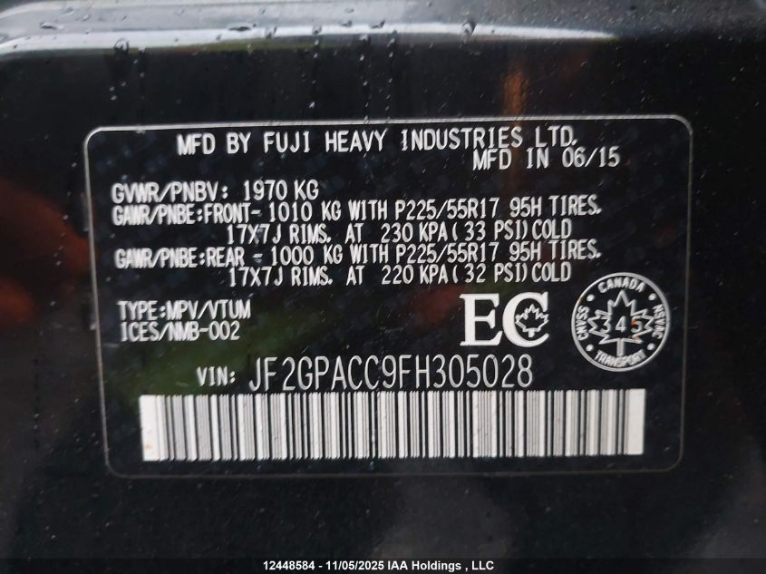 2015 Subaru Xv Crosstrek Sport Package/Touring VIN: JF2GPACC9FH305028 Lot: 12448584X