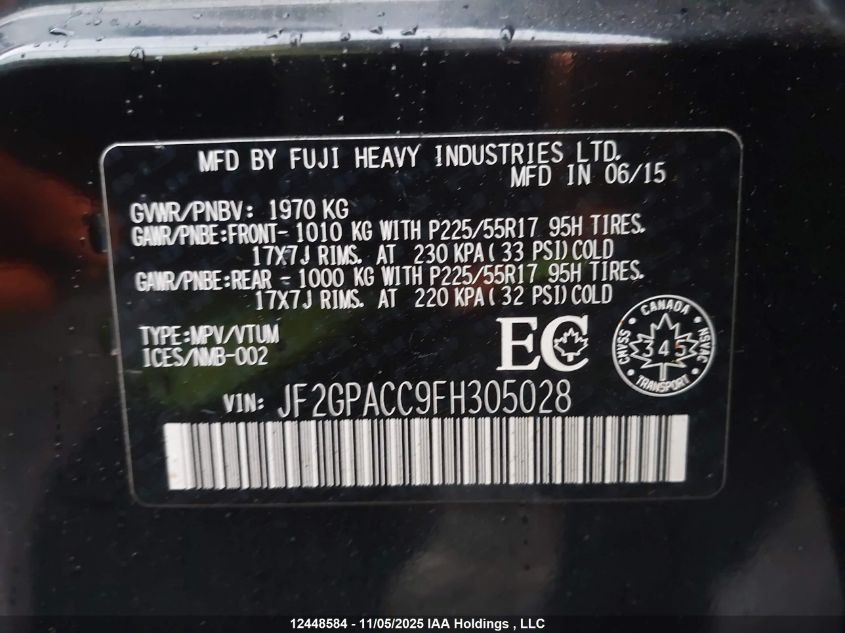 2015 Subaru Xv Crosstrek Sport Package/Touring VIN: JF2GPACC9FH305028 Lot: 12448584X