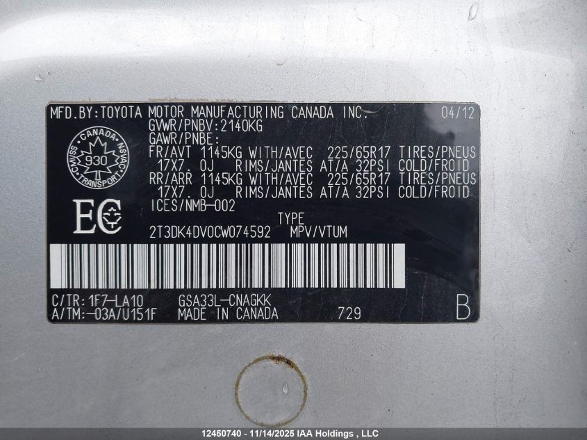 2012 Toyota Rav4 Limited V6 VIN: 2T3DK4DV0CW074592 Lot: 12450740X