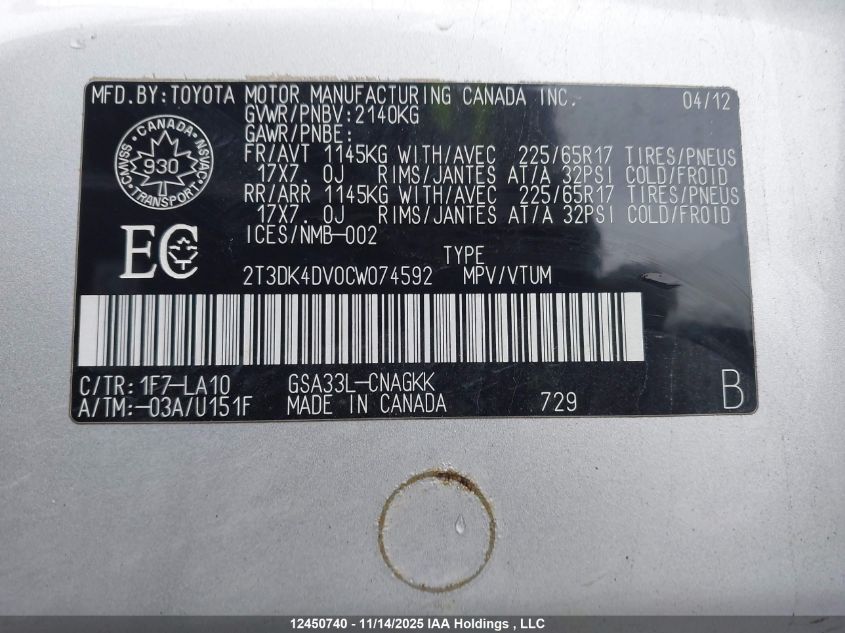 2012 Toyota Rav4 Limited V6 VIN: 2T3DK4DV0CW074592 Lot: 12450740X