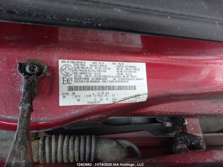 2016 Ford Focus Se VIN: 1FADP3K23GL303611 Lot: 12453663X