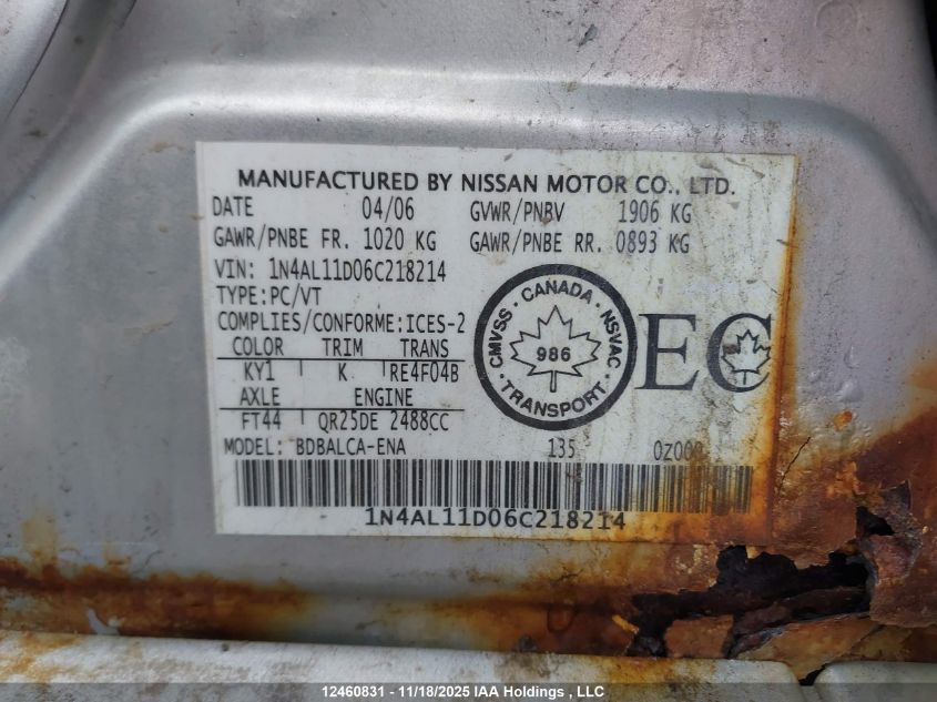 2006 Nissan Altima 2.5 S VIN: 1N4AL11D06C218214 Lot: 12460831X